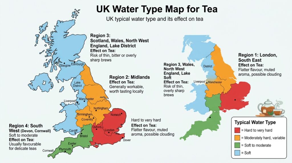 best water for tea-water hardness and tea-TDS for brewing tea-shard water vs soft water tea-how to brew tea with UK tap water